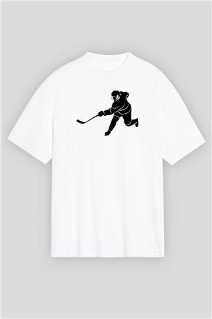 Buz Hokeyi Baskılı Unisex Beyaz Oversize Tişört - Tshirt