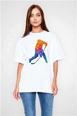 Buz Hokeyi Baskılı Unisex Beyaz Oversize Tişört - Tshirt