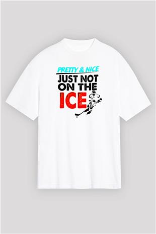 Buz Hokeyi Baskılı Unisex Beyaz Oversize Tişört - Tshirt