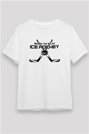 Buz Hokeyi Baskılı Unisex Beyaz Tişört - Tshirt