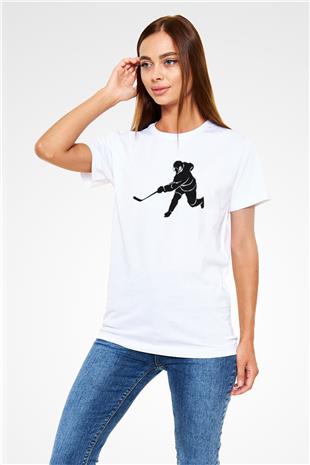 Buz Hokeyi Baskılı Unisex Beyaz Tişört - Tshirt
