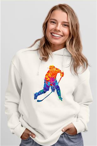 Buz Hokeyi Baskılı Unisex Ekru Hoodie