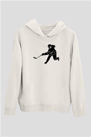 Buz Hokeyi Baskılı Unisex Ekru Hoodie