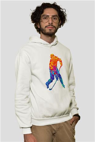 Buz Hokeyi Baskılı Unisex Ekru Hoodie