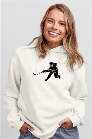 Buz Hokeyi Baskılı Unisex Ekru Hoodie