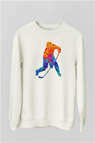Buz Hokeyi Baskılı Unisex Ekru Sweatshirt