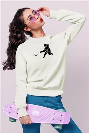 Buz Hokeyi Baskılı Unisex Ekru Sweatshirt