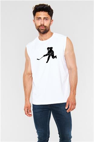 Buz Hokeyi Baskılı Unisex Kolsuz Beyaz Tişört