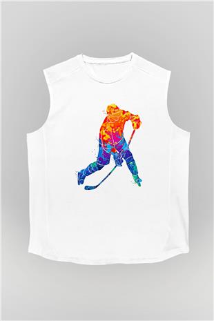 Buz Hokeyi Baskılı Unisex Kolsuz Beyaz Tişört