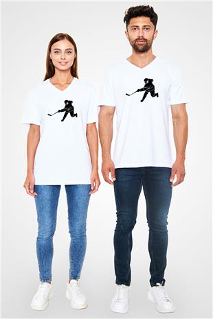 Buz Hokeyi Baskılı Unisex V Yaka Tişört - Tshirt