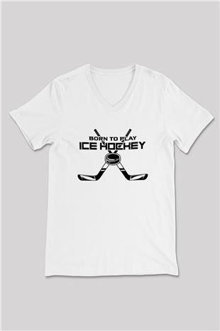 Buz Hokeyi Baskılı Unisex V Yaka Tişört - Tshirt