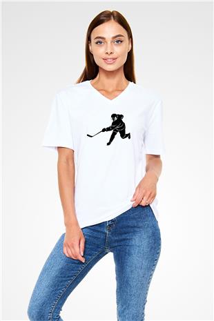 Buz Hokeyi Baskılı Unisex V Yaka Tişört - Tshirt