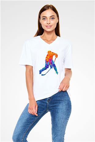 Buz Hokeyi Baskılı Unisex V Yaka Tişört - Tshirt