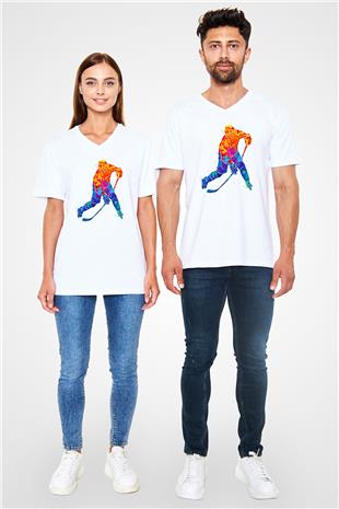 Buz Hokeyi Baskılı Unisex V Yaka Tişört - Tshirt