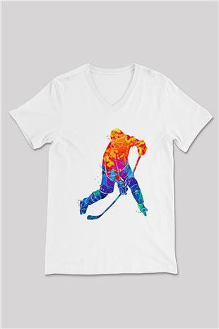 Buz Hokeyi Baskılı Unisex V Yaka Tişört - Tshirt