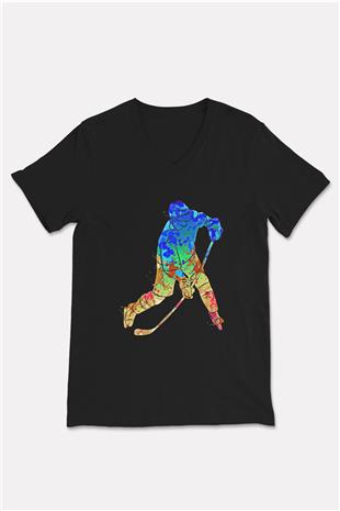 Buz Hokeyi - Ice Hockey Baskılı Unisex Siyah V Yaka Tişört