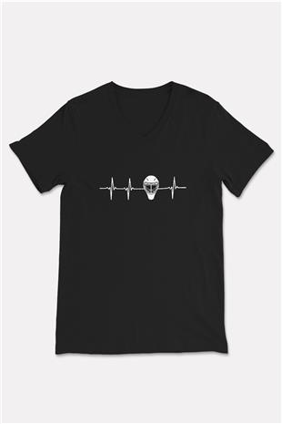Buz Hokeyi - Ice Hockey Baskılı Unisex Siyah V Yaka Tişört