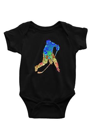 Buz Hokeyi - Ice Hockey Baskılı Unisex Siyah Bebek Body - Zıbın
