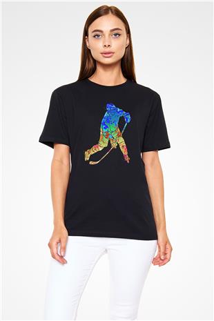 Buz Hokeyi - Ice Hockey Baskılı Unisex Siyah Tişört - Tshirt