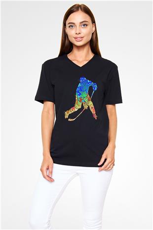 Buz Hokeyi - Ice Hockey Baskılı Unisex Siyah V Yaka Tişört