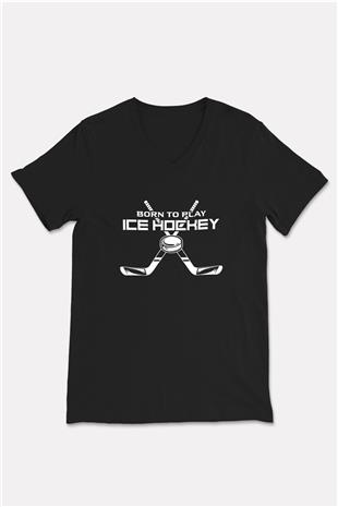 Buz Hokeyi - Ice Hockey Baskılı Unisex Siyah V Yaka Tişört