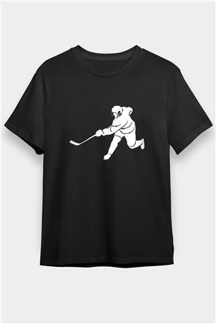 Buz Hokeyi - Ice Hockey Baskılı Unisex Siyah Tişört - Tshirt