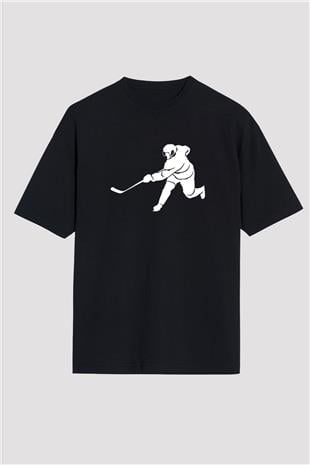 Buz Hokeyi - Ice Hockey Baskılı Unisex Siyah Oversize Tişört