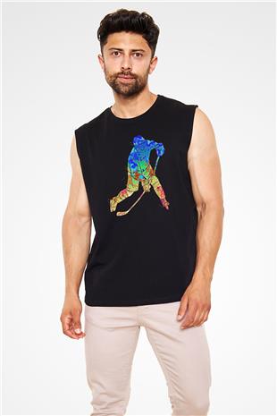 Buz Hokeyi - Ice Hockey Baskılı Unisex Siyah Kolsuz Tişört
