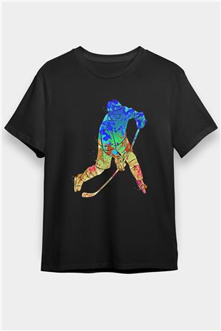 Buz Hokeyi - Ice Hockey Baskılı Unisex Siyah Tişört - Tshirt