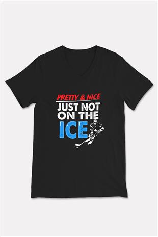 Buz Hokeyi - Ice Hockey Baskılı Unisex Siyah V Yaka Tişört