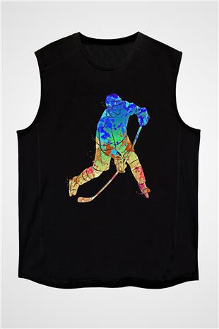 Buz Hokeyi - Ice Hockey Baskılı Unisex Siyah Kolsuz Tişört