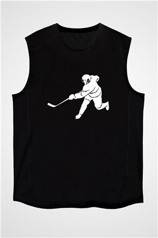 Buz Hokeyi - Ice Hockey Baskılı Unisex Siyah Kolsuz Tişört