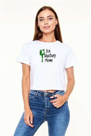 Buz Pateni Baskılı Crop Top Beyaz Tişört - T-shirt