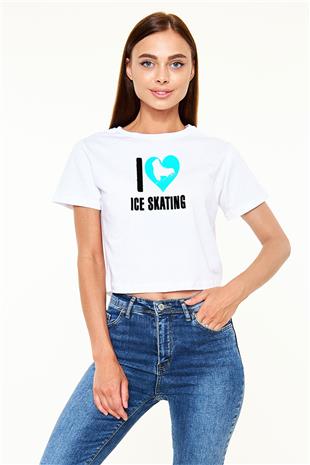Buz Pateni Baskılı Crop Top Beyaz Tişört - T-shirt