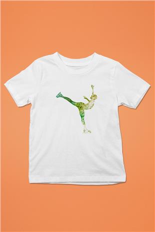 Buz Pateni Baskılı Unisex Beyaz Çocuk Tişört - Tshirt