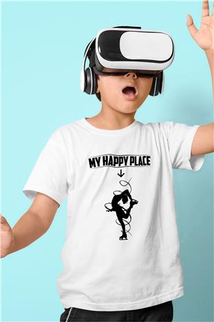 Buz Pateni Baskılı Unisex Beyaz Çocuk Tişört - Tshirt