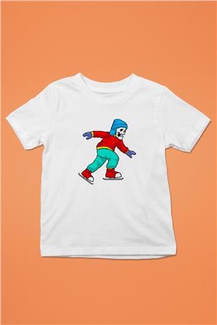 Buz Pateni Baskılı Unisex Beyaz Çocuk Tişört - Tshirt