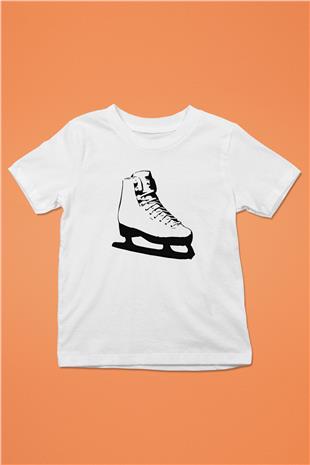 Buz Pateni Baskılı Unisex Beyaz Çocuk Tişört - Tshirt