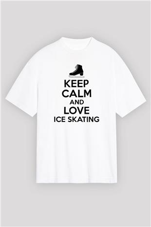 Buz Pateni Baskılı Unisex Beyaz Oversize Tişört - Tshirt
