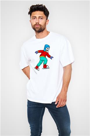 Buz Pateni Baskılı Unisex Beyaz Oversize Tişört - Tshirt