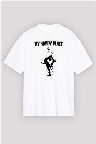 Buz Pateni Baskılı Unisex Beyaz Oversize Tişört - Tshirt