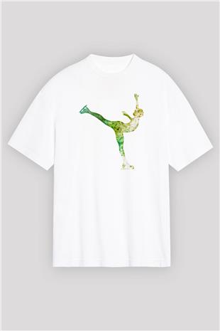 Buz Pateni Baskılı Unisex Beyaz Oversize Tişört - Tshirt