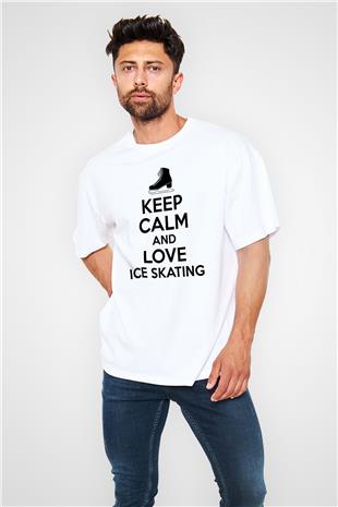 Buz Pateni Baskılı Unisex Beyaz Oversize Tişört - Tshirt