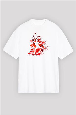 Buz Pateni Baskılı Unisex Beyaz Oversize Tişört - Tshirt