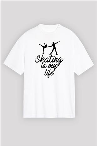 Buz Pateni Baskılı Unisex Beyaz Oversize Tişört - Tshirt