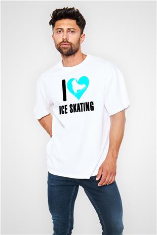 Buz Pateni Baskılı Unisex Beyaz Oversize Tişört - Tshirt