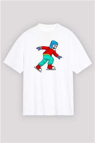 Buz Pateni Baskılı Unisex Beyaz Oversize Tişört - Tshirt
