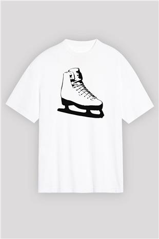 Buz Pateni Baskılı Unisex Beyaz Oversize Tişört - Tshirt