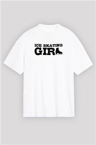 Buz Pateni Baskılı Unisex Beyaz Oversize Tişört - Tshirt