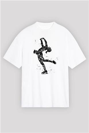 Buz Pateni Baskılı Unisex Beyaz Oversize Tişört - Tshirt